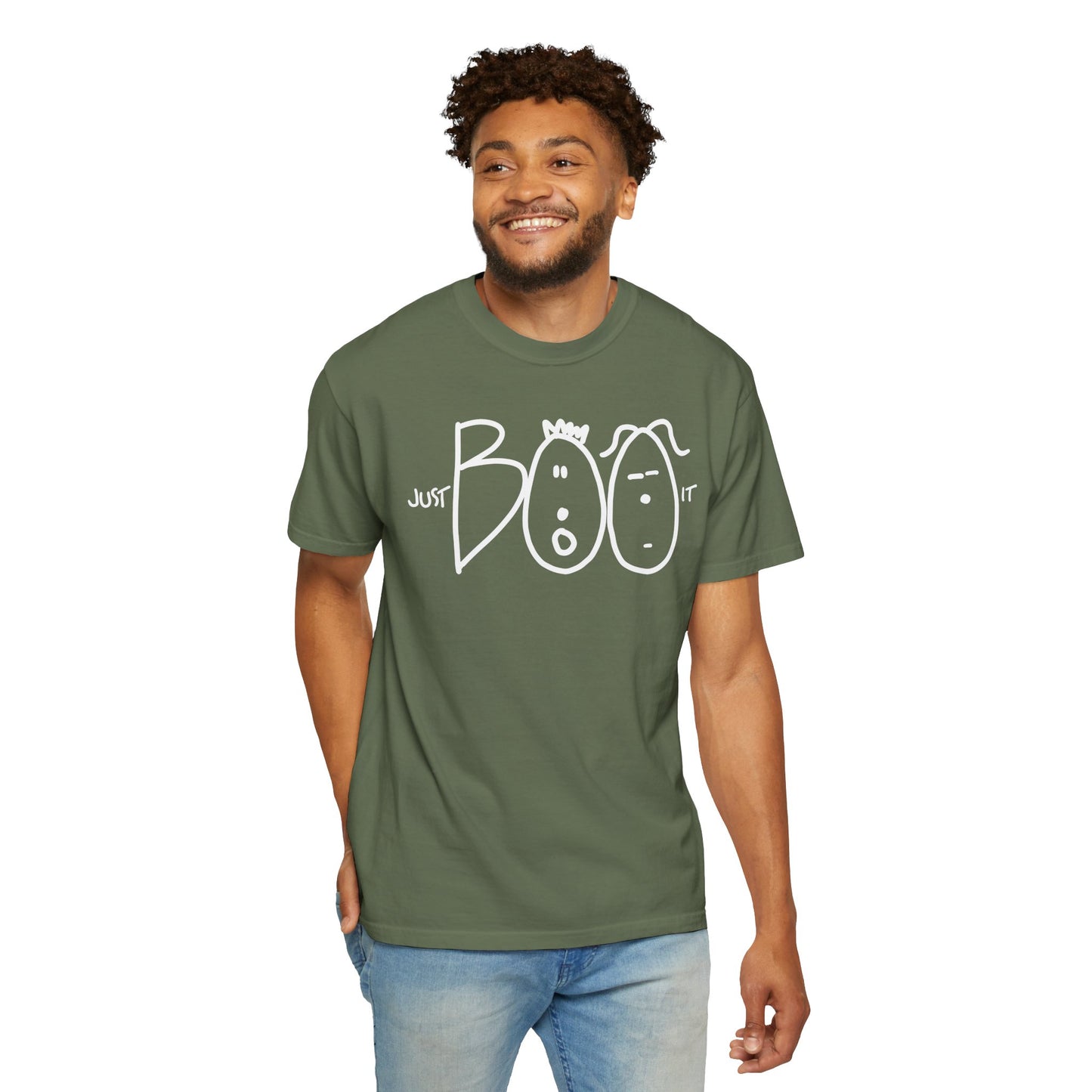 JUST BOO IT....Spooky Unisex Garment-Dyed T-shirt, Halloween Tee, Trendy Graphic Tee, Funny Costume Top, Holiday Apparel, Party Wear