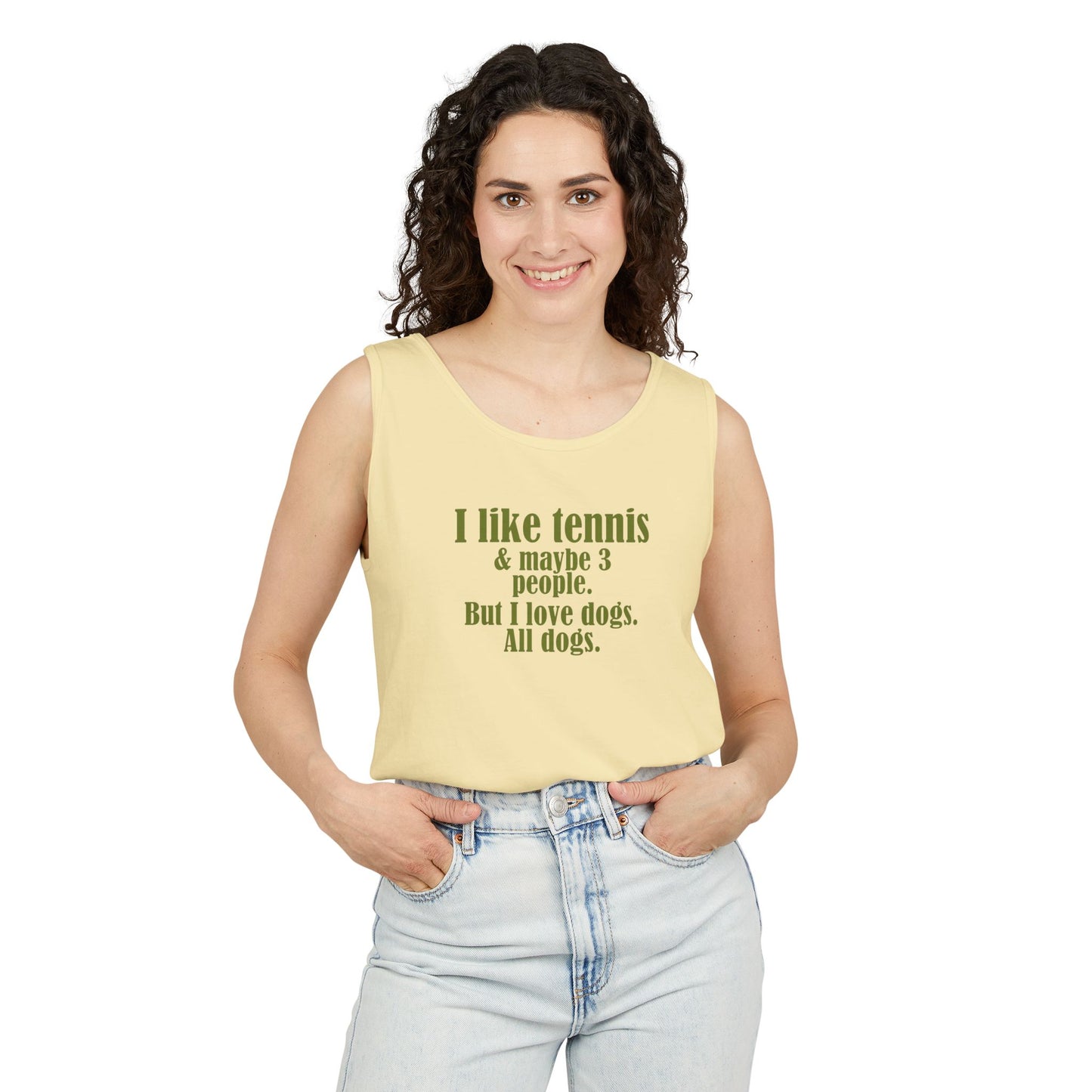 "I like tennis & maybe 3 people. But I love dogs. All Dogs" Dog-Loving Tennis Unisex Tank Top, Casual Summer Wear, Gift for Dog Owners, Funny Summer Tank, Pet Lover Apparel