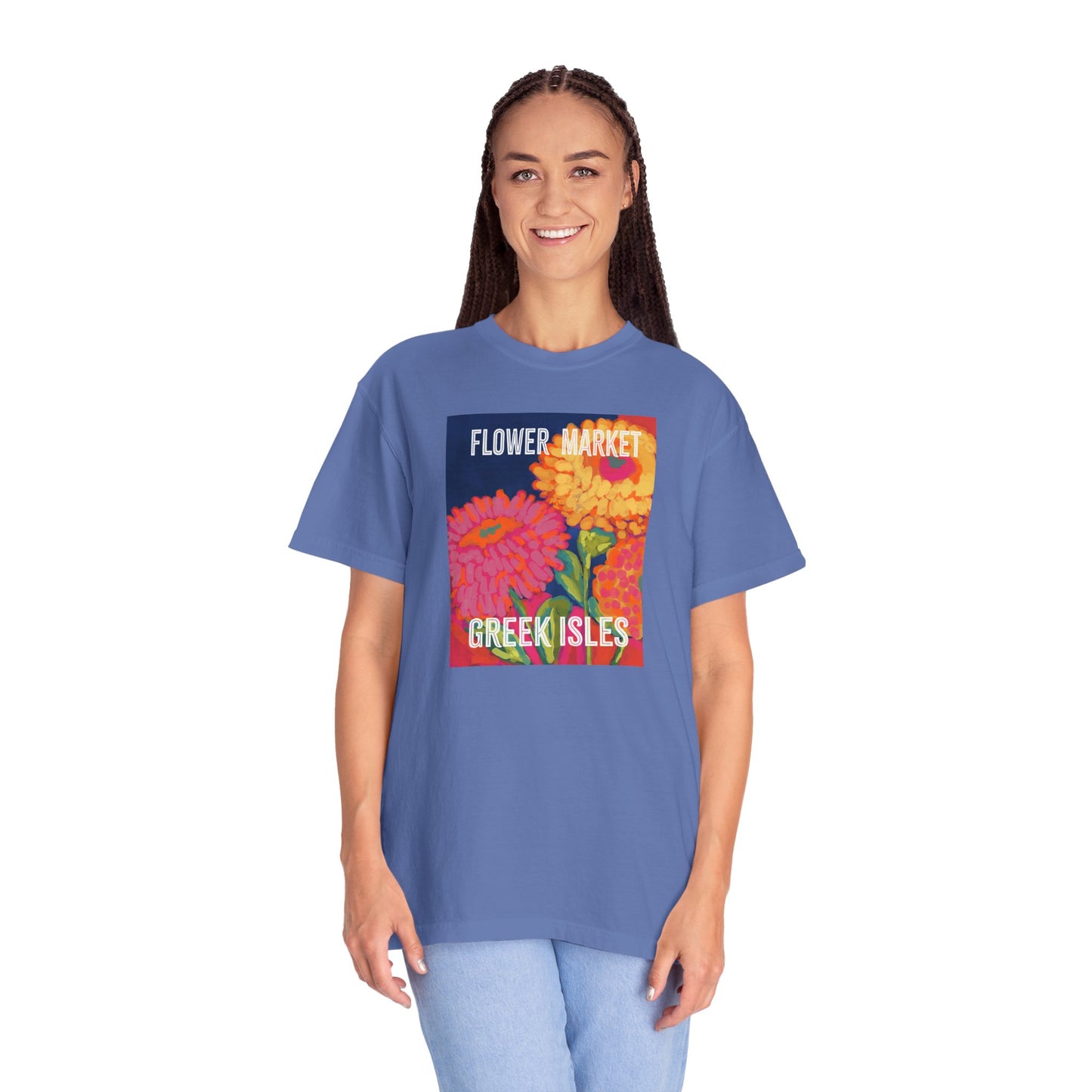 Vibrant Floral Market Tee, Flower Market T-Shirt, Greek Isles Apparel, Gift for Garden Lovers, Summer Wardrobe Essential