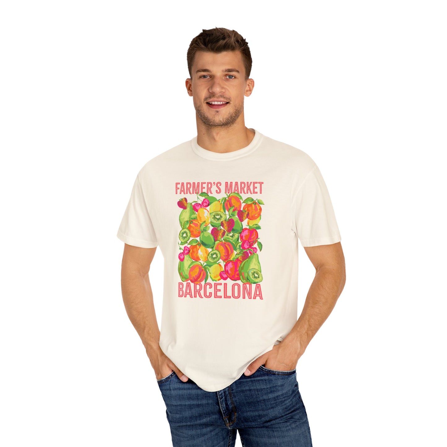 Barcelona Farmers Market T-Shirt | Unisex Garment-Dyed Tee, Cute Summer Style, Gift for Foodies, Market Lover's Apparel, Barcelona Graphic Tee
