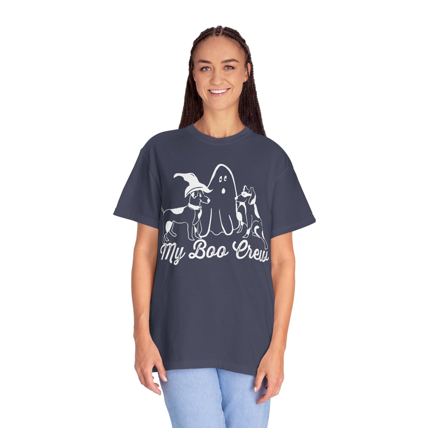 My Boo Crew Halloween T-Shirt, Cute Dog Ghost Tee, Halloween Unisex Garment-Dyed Shirt, Pet Lovers Gift, Autumn Apparel, Fun Halloween Outfit
