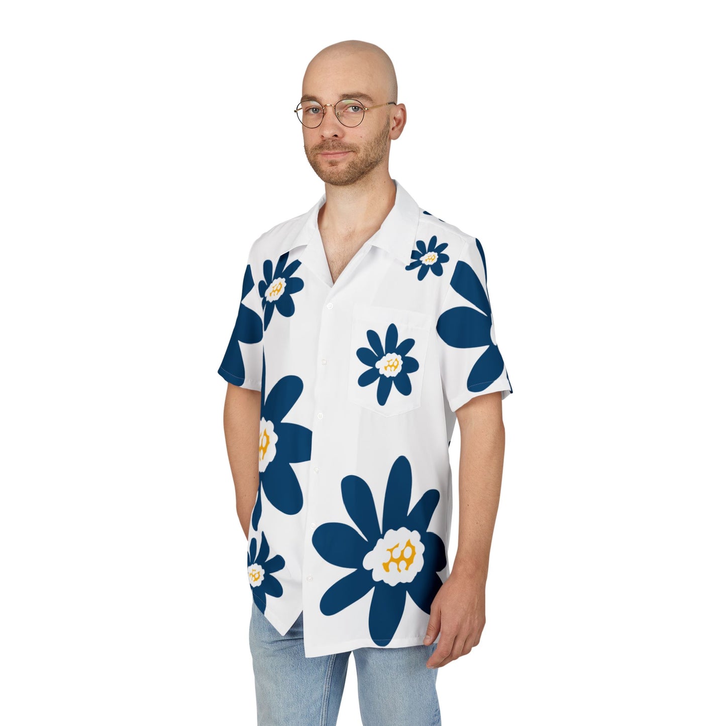 Men's or Woman's Blue Daisy Floral Hawaiian Shirt, Tropical Vacation Wear, Beach Party Attire, Summer Chill Outfit, Luau Celebration Shirt