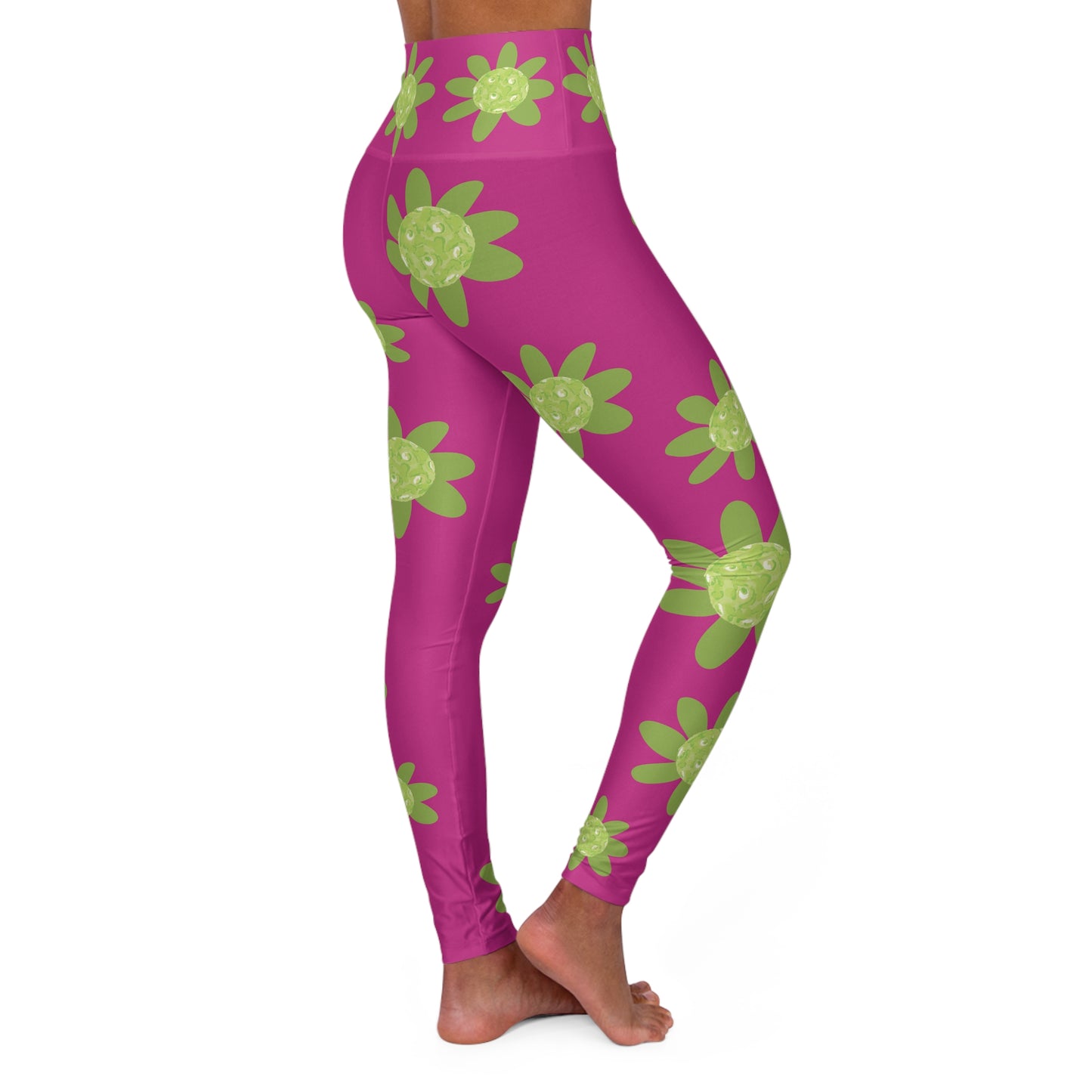 Pink Pickleball Daisy Floral High-Waisted Yoga Leggings, Comfortable Activewear, Flower Print Leggings, Fitness Fashion, Gym Essentials, Yoga Apparel