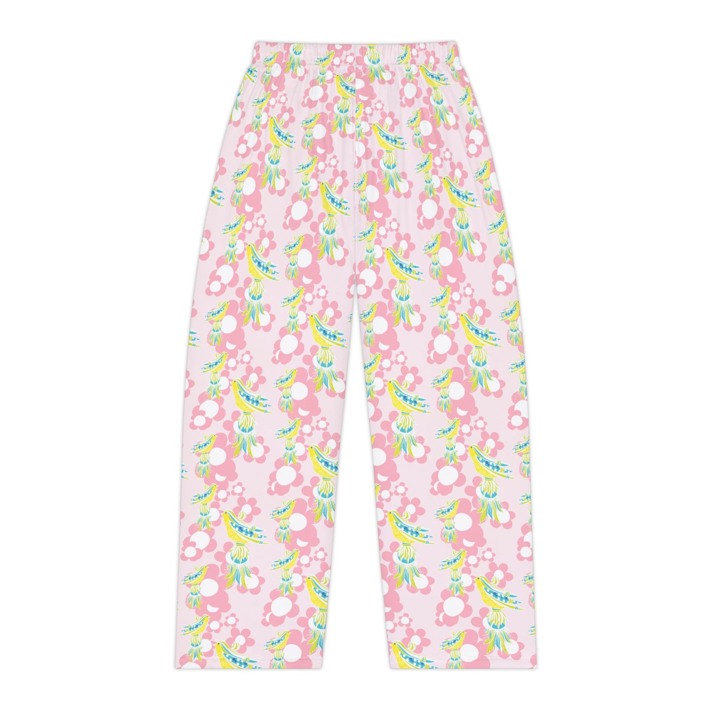 Pink Daisy Tassel Bird Floral Pattered Women's Pajama Pants, Cozy Sleepwear, Lightweight Lounge Pants, Gift for Her, Summer Sleep Shorts