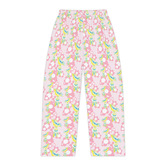 Pink Daisy Tassel Bird Floral Pattered Women's Pajama Pants, Cozy Sleepwear, Lightweight Lounge Pants, Gift for Her, Summer Sleep Shorts