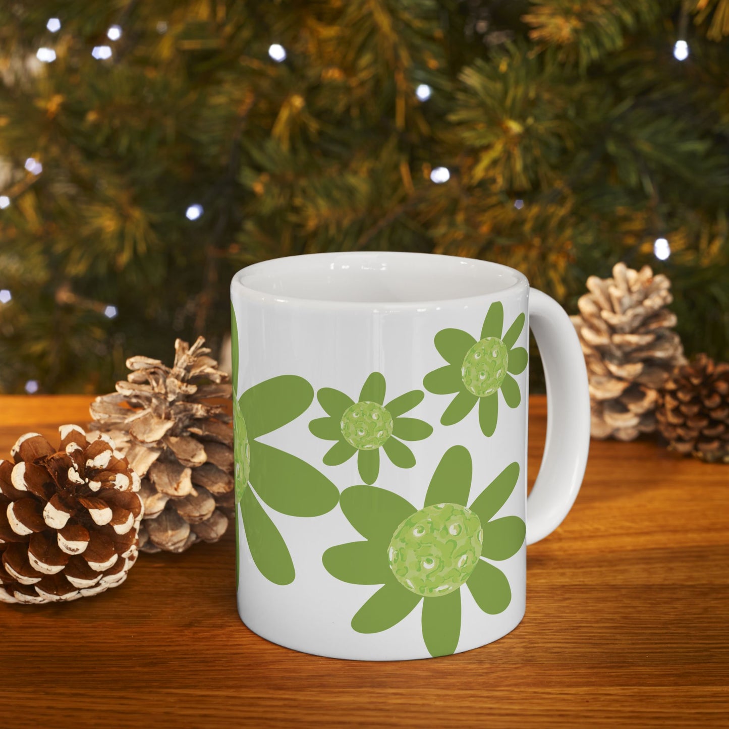 Green Pickleball Daisy Floral Ceramic Mug - Perfect Gift for Garden Lovers, Tea or Coffee Lovers, Mother's Day, Birthdays, Home Decor, Eco-Friendly