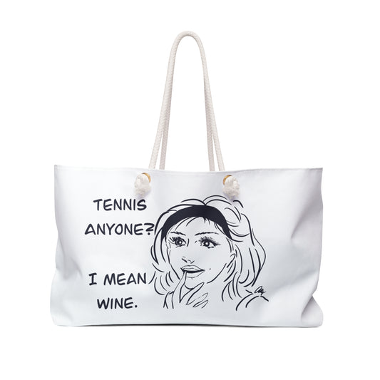 Weekender Bag - "Tennis Anyone? I Mean Wine." Funny Retro Comic Tote for Wine Lovers & Tennis Fans