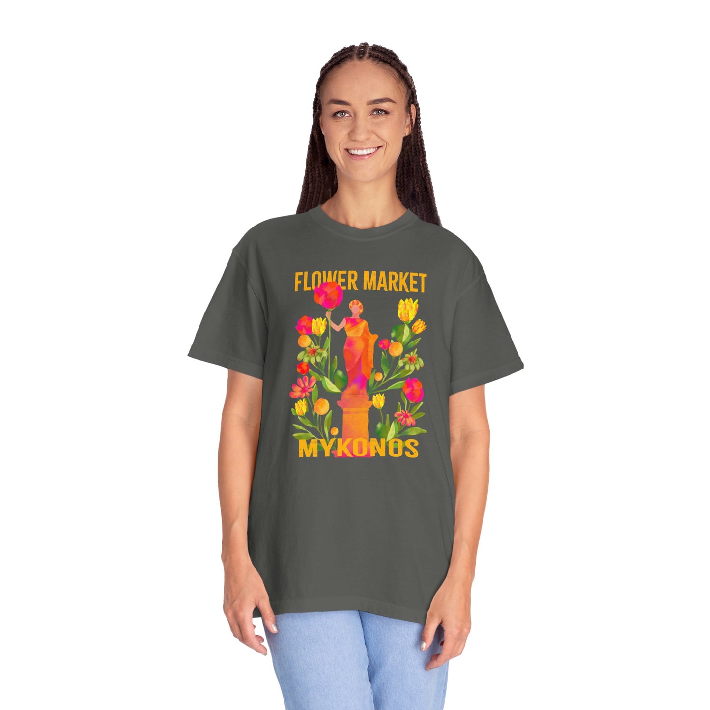 Greek Isle Mykonos Floral Market T-Shirt | Summer Vibes, Eco-Friendly Apparel, Casual Wear, Gift for Her, Bohemian Style