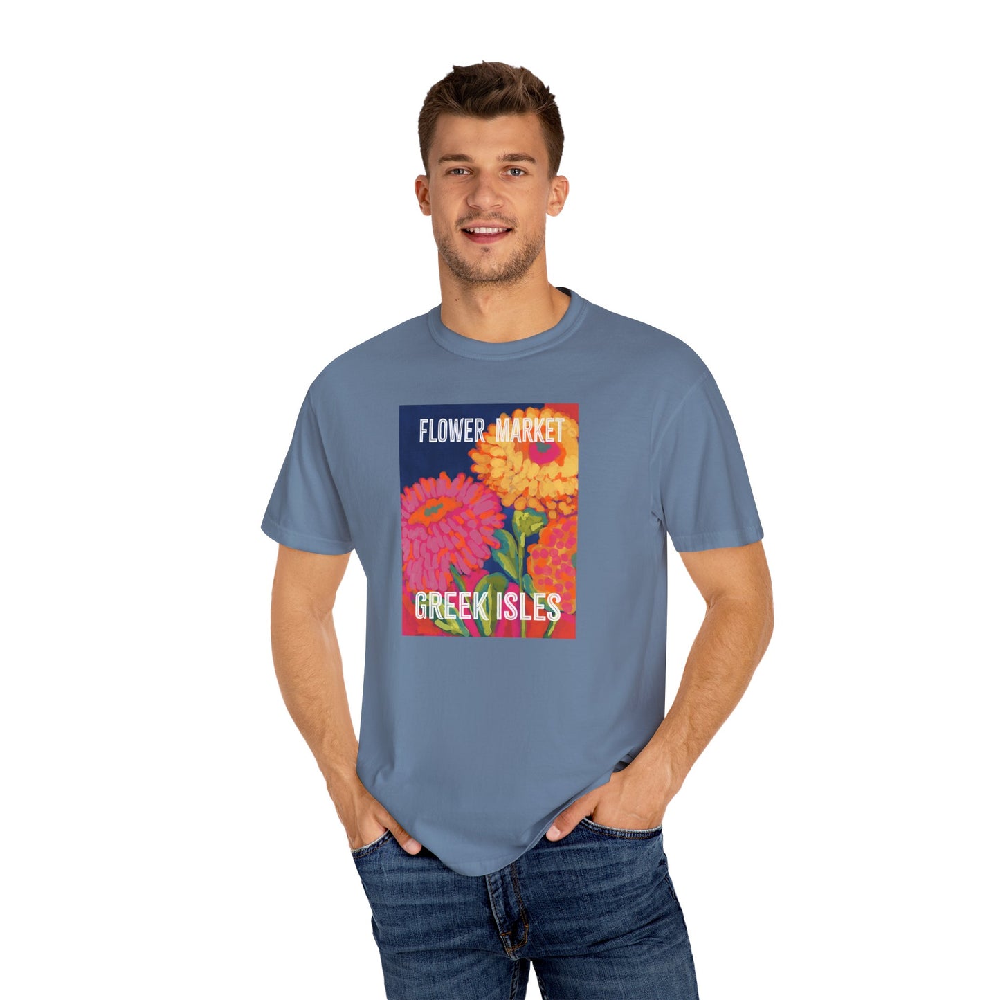 Vibrant Floral Market Tee, Flower Market T-Shirt, Greek Isles Apparel, Gift for Garden Lovers, Summer Wardrobe Essential