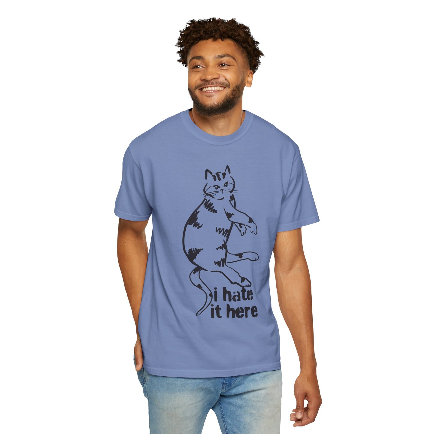 "I hate it here"...Funny Cat T-Shirt Showcasing Cat with Attitude, Halloween, Unisex Tee, Garment-Dyed Shirt, Quirky Cat Lover Gift, Casual Wear, Perfect for Cat Owners