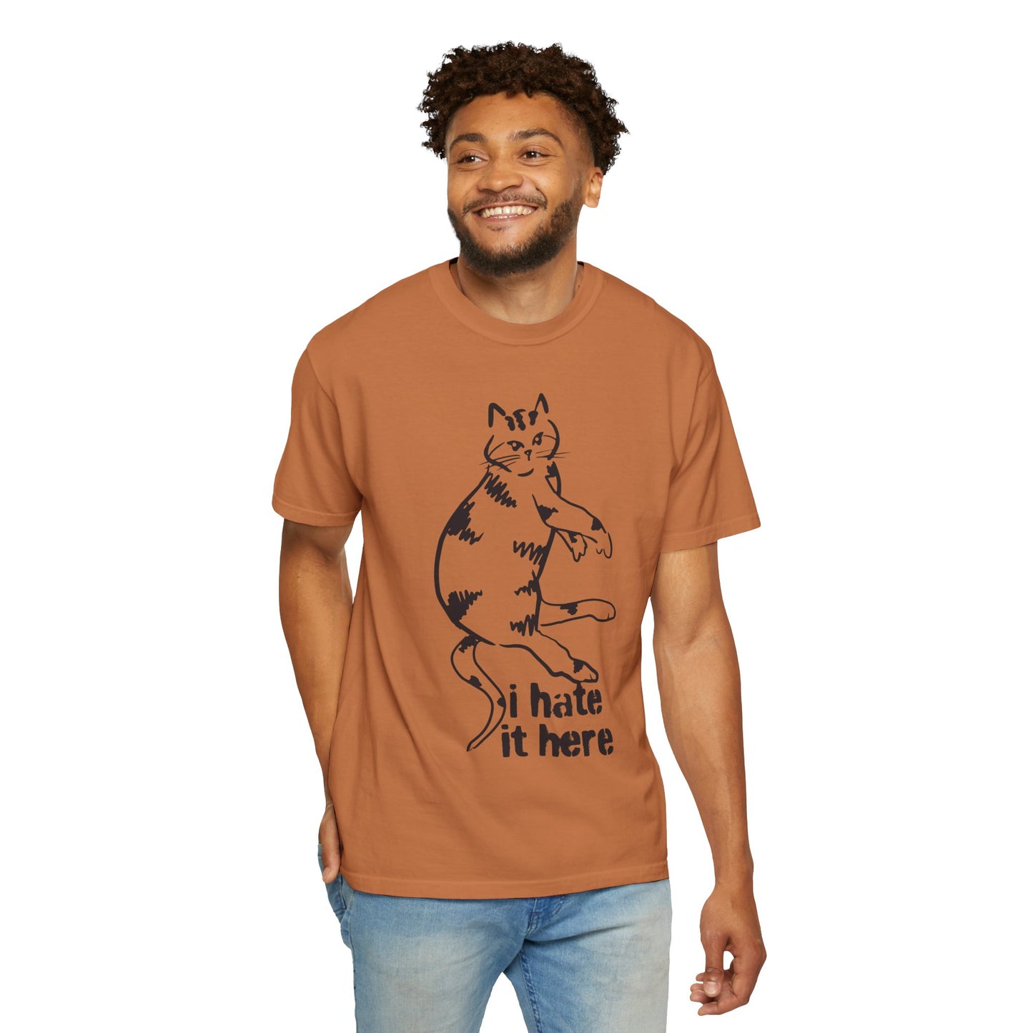 "I hate it here"...Funny Cat T-Shirt Showcasing Cat with Attitude, Halloween, Unisex Tee, Garment-Dyed Shirt, Quirky Cat Lover Gift, Casual Wear, Perfect for Cat Owners