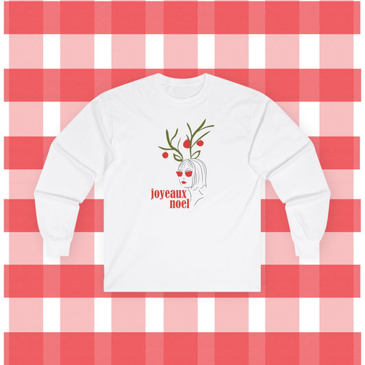 Festive Long Sleeve Tee - Joyeux Noel Reindeer Design