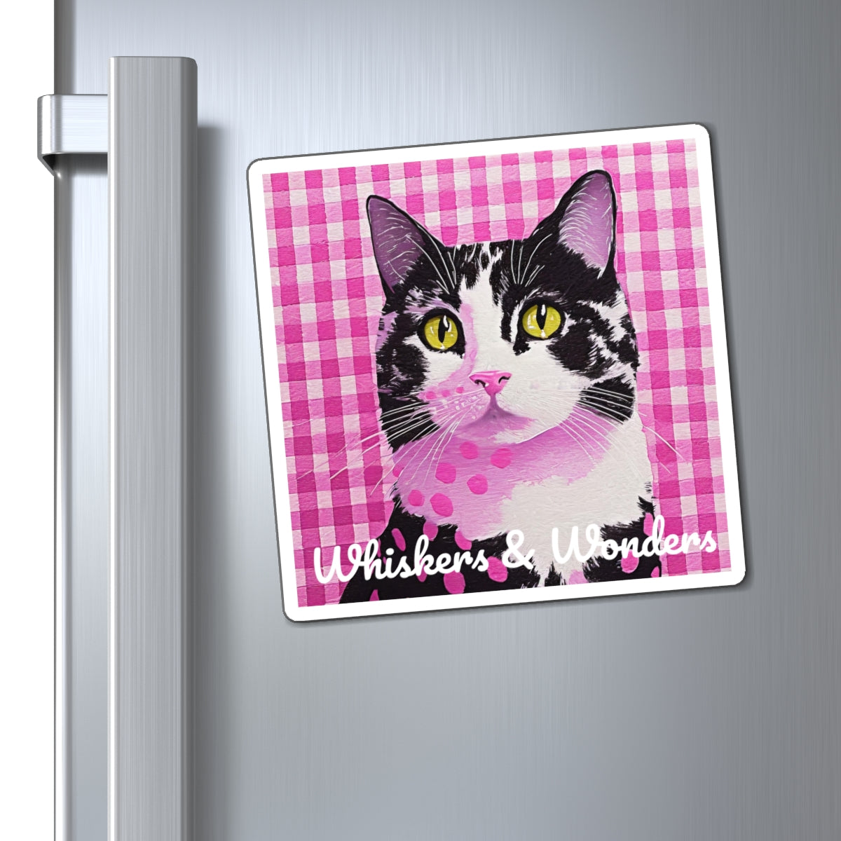Charming Cat Magnet - Whimsical Pet Decor, Cute Kitchen Accessory, Gifts for Cat Lovers, Pink Gingham Style, Fun Home Decoration