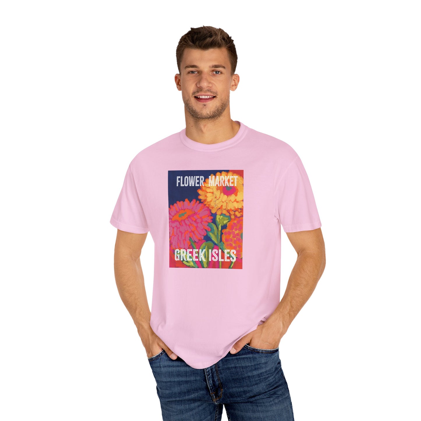 Vibrant Floral Market Tee, Flower Market T-Shirt, Greek Isles Apparel, Gift for Garden Lovers, Summer Wardrobe Essential