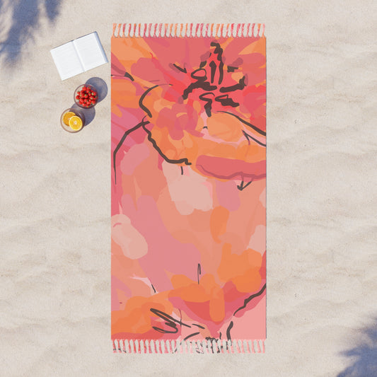 Boho Floral Beach Towel - Pink Coral Watercolor Fringe Beach Blanket