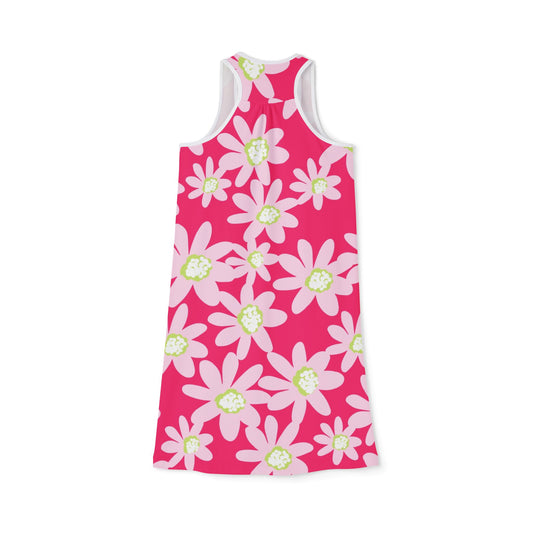 Pink Daisy Floral Summer Racerback Dress, Women’s Beach Dress, Vacation Outfit, Casual Dress, Mother's Day Gift, Summer Dress