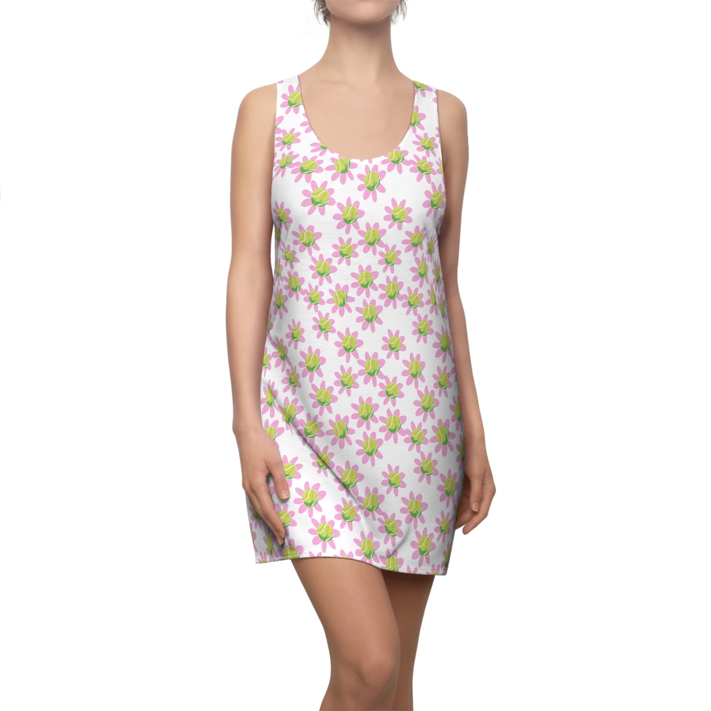 Floral Daisy Tennis Ball Racerback Dress — Pink All-Over Print Summer Sundress