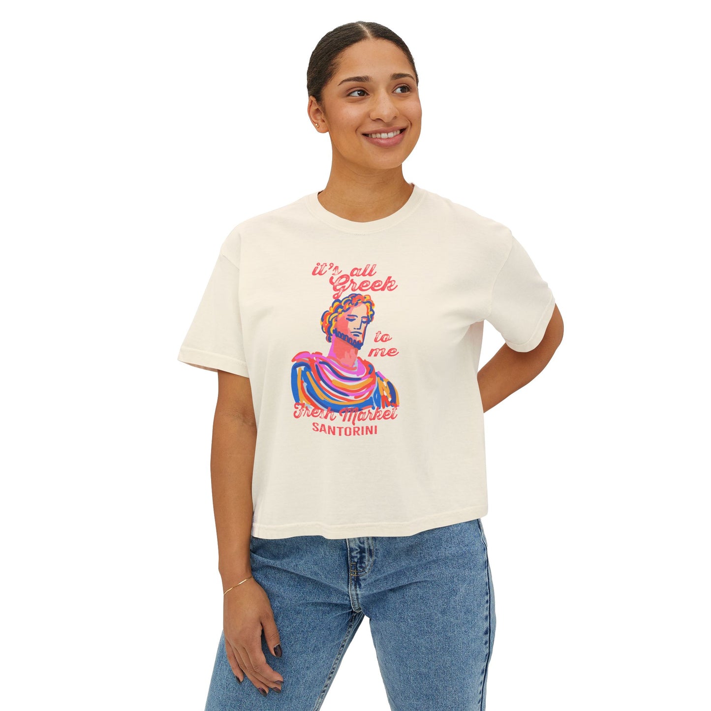 Women's Boxy Tee, Greek Market Santorini T-Shirt, Vacation Souvenir Tee, Cute Casual Top, Fun Graphic Tee, Gift for Travelers