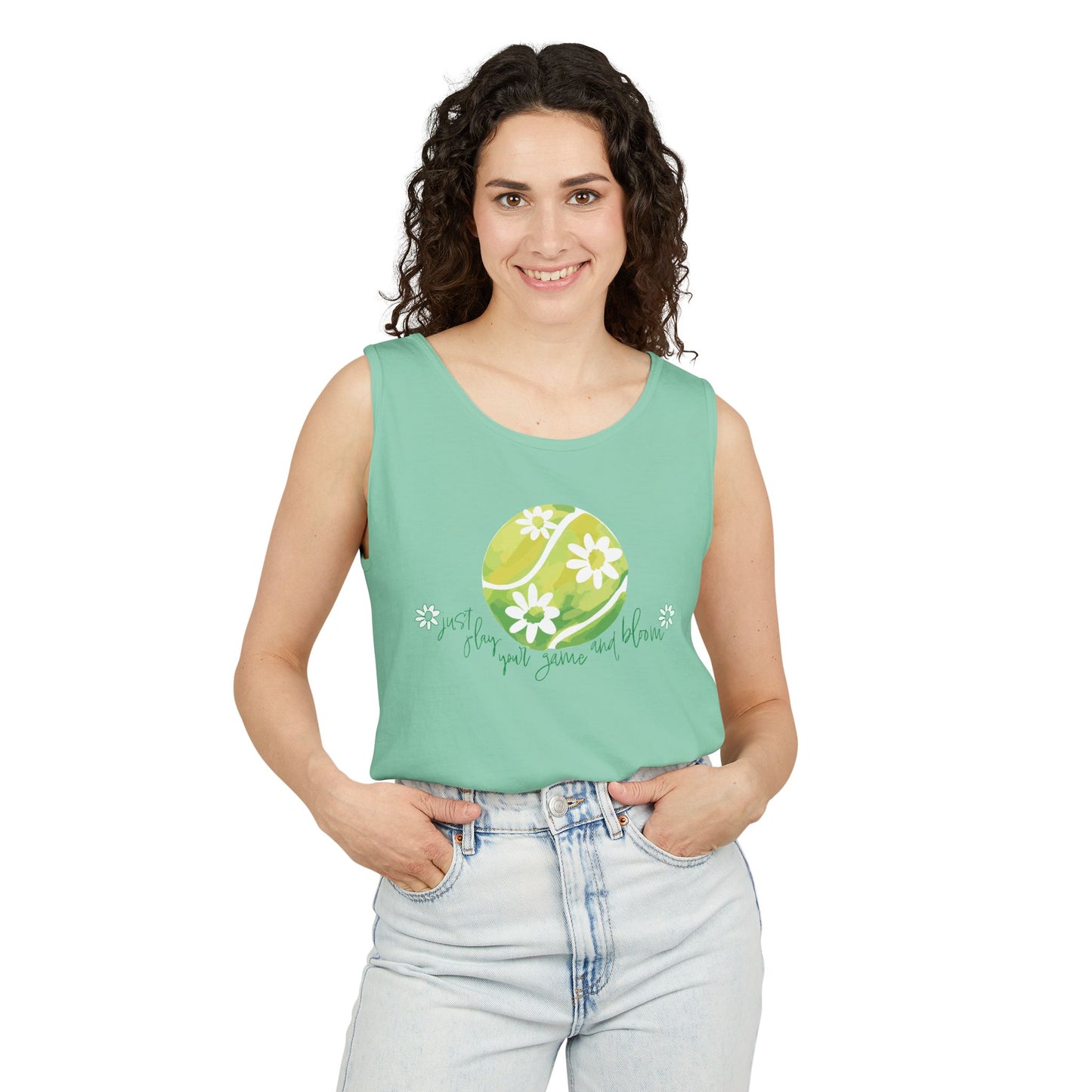 Play Your Game and Bloom! Tennis Floral Vibes Tank Top, Garden Tanks, Outdoor Summer Wear, Eco-Friendly Fashion, Casual Apparel, Floral Design