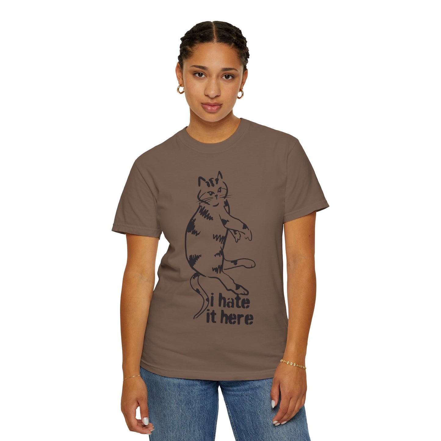 "I hate it here"...Funny Cat T-Shirt Showcasing Cat with Attitude, Halloween, Unisex Tee, Garment-Dyed Shirt, Quirky Cat Lover Gift, Casual Wear, Perfect for Cat Owners
