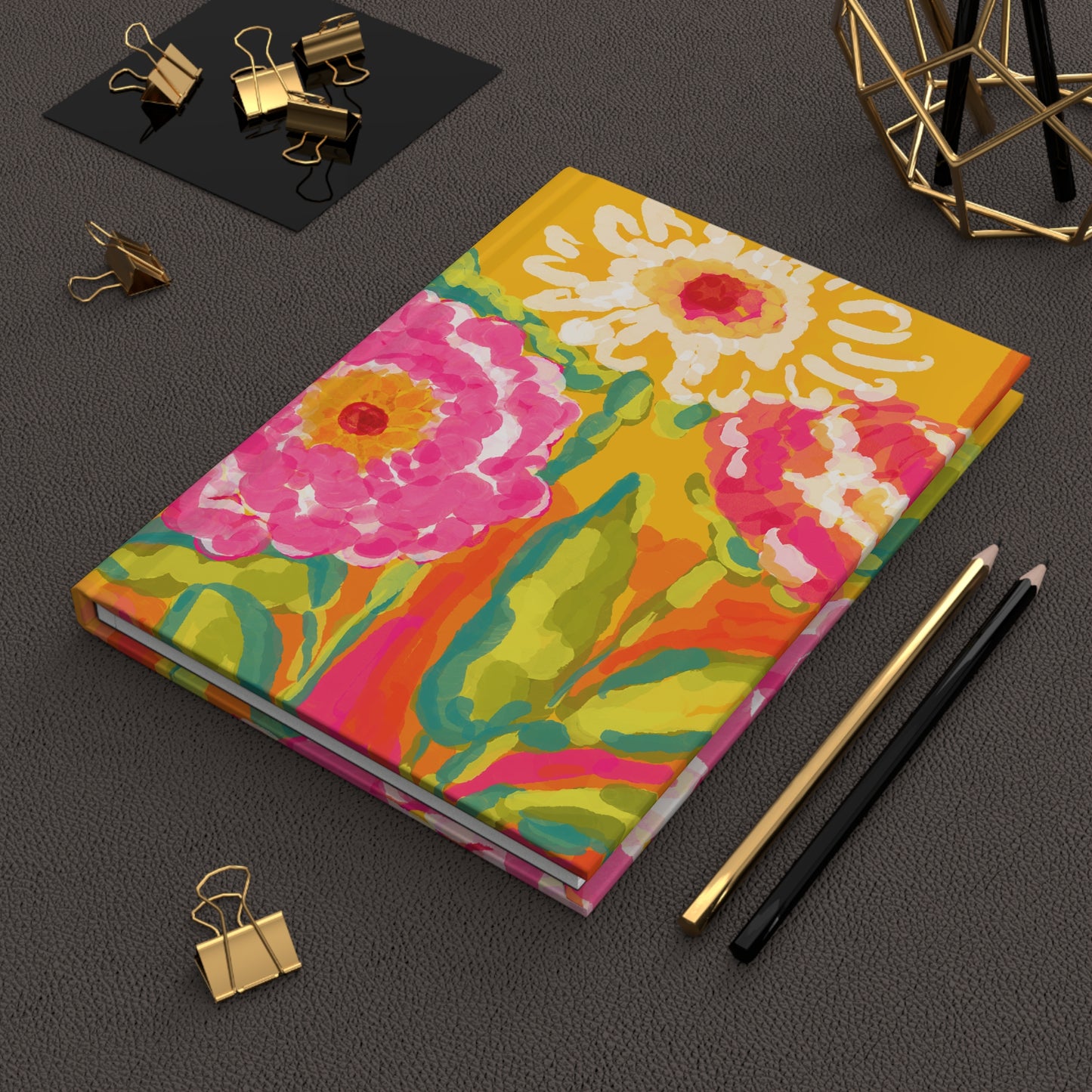 Floral Watercolor Hardcover Journal — Bright Pink & Yellow Flower Notebook