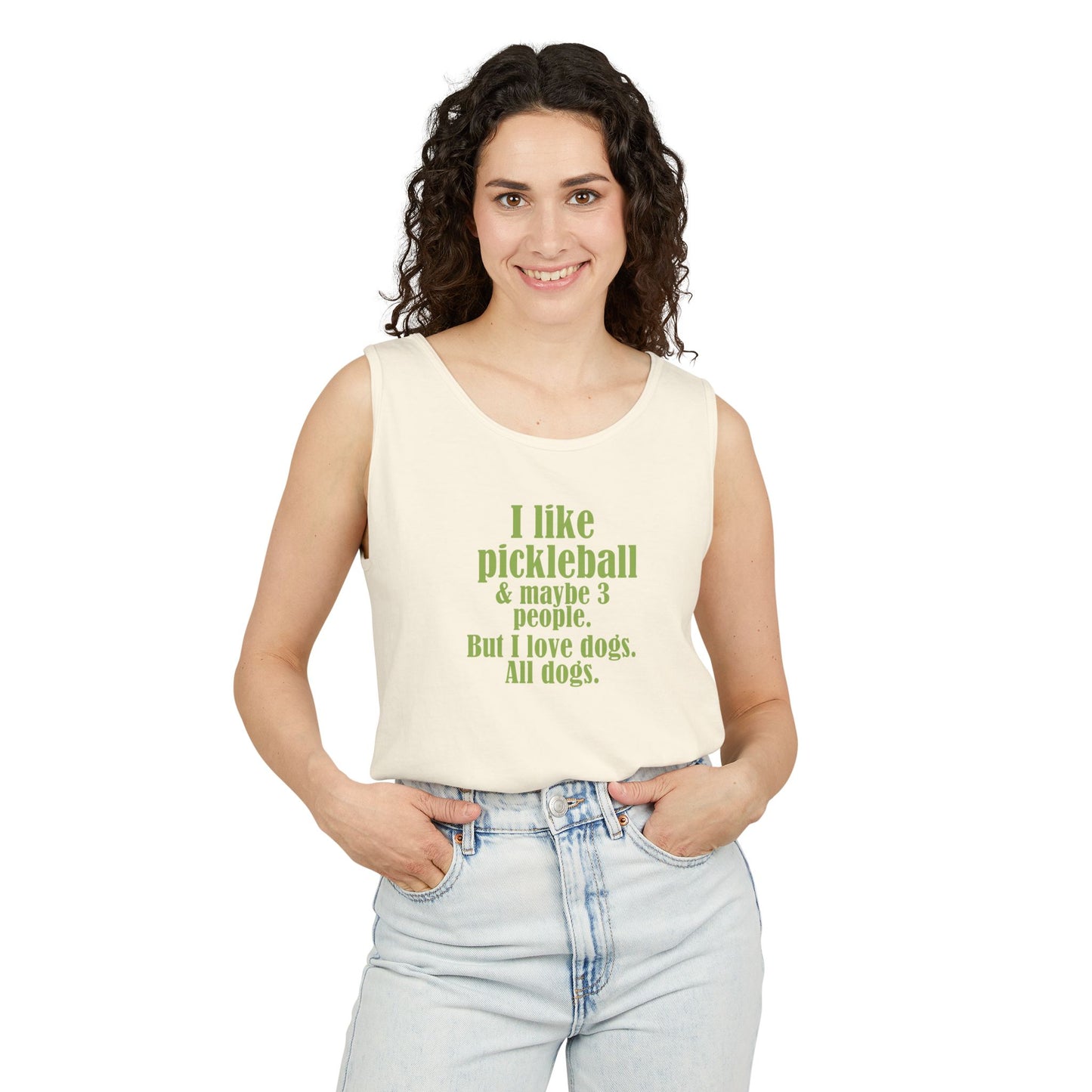 "I love pickleball and maybe three people, but I love all dogs. Pickleball Love Tank Top | Unisex Garment-Dyed Tee, Funny Sports Shirt, Gift for Pickleball Players, Summer Essential, Dog Lovers Apparel