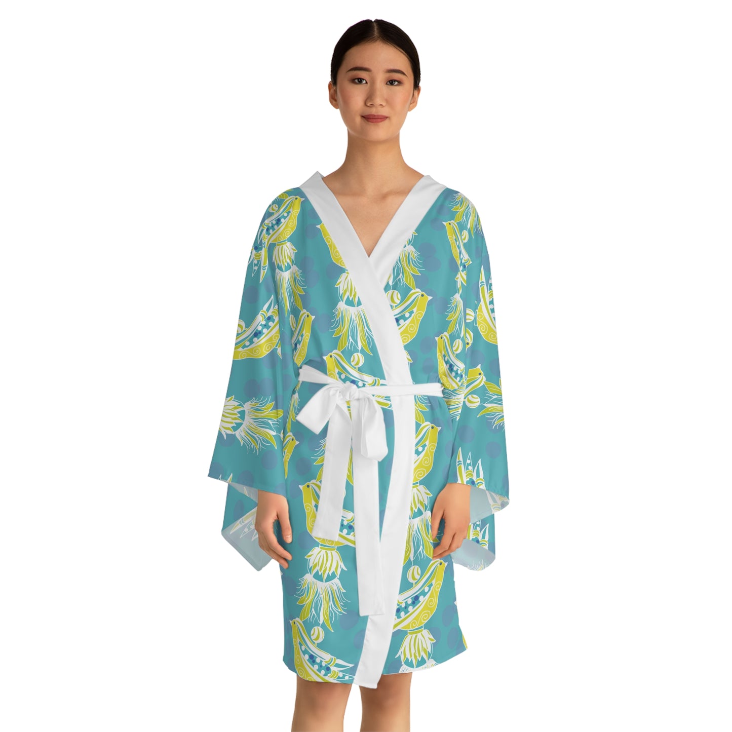 Charming Tassel Bird Print Long Sleeve Kimono Robe in aquas, blues and yellow, Cozy Cover-Up, Summer Lounge Wear, Mother’s Day Gift, Bohemian Style Dressing Gown