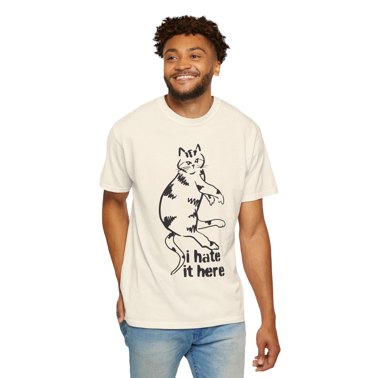 "I hate it here"...Funny Cat T-Shirt Showcasing Cat with Attitude, Halloween, Unisex Tee, Garment-Dyed Shirt, Quirky Cat Lover Gift, Casual Wear, Perfect for Cat Owners