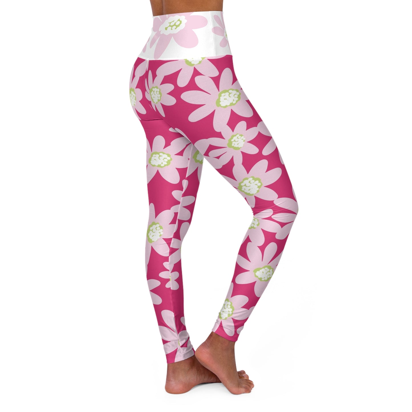 Pink Daisy Floral High Waisted Yoga Leggings, Fitness Leggings, Workout Pants, Activewear, Exercise Leggings, Spring Fashion