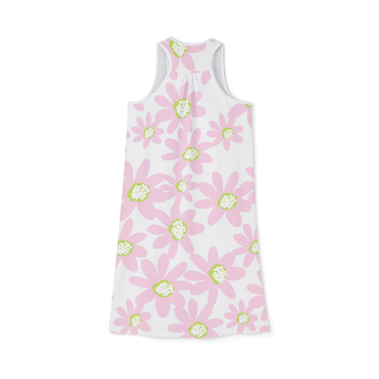 Light Pink Daisy Retro Floral Women's Racerback Dress, Summer Dress, Beachwear, Casual Dress, Vacation Outfit, Spring Fashion, Floral Print Dress