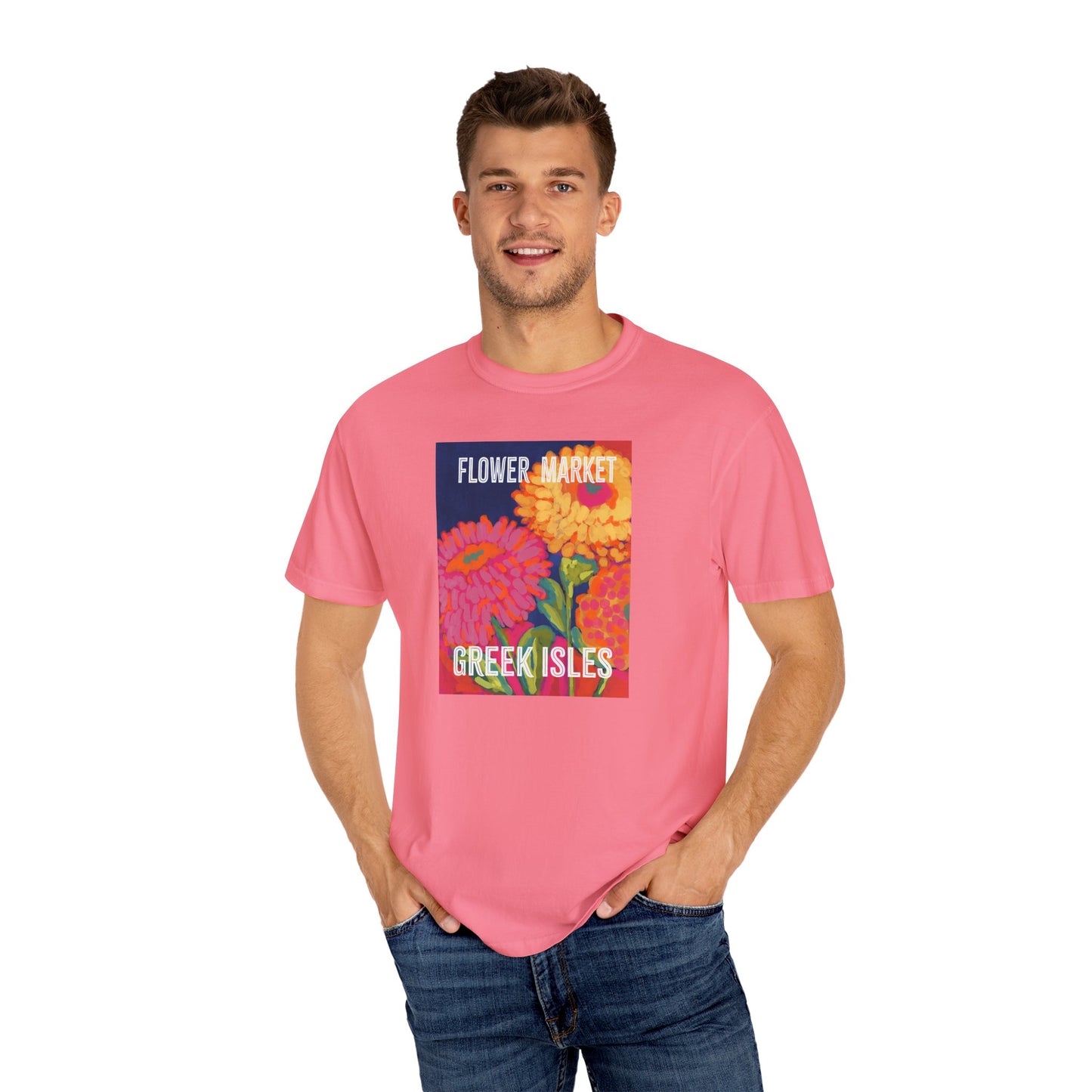 Vibrant Floral Market Tee, Flower Market T-Shirt, Greek Isles Apparel, Gift for Garden Lovers, Summer Wardrobe Essential