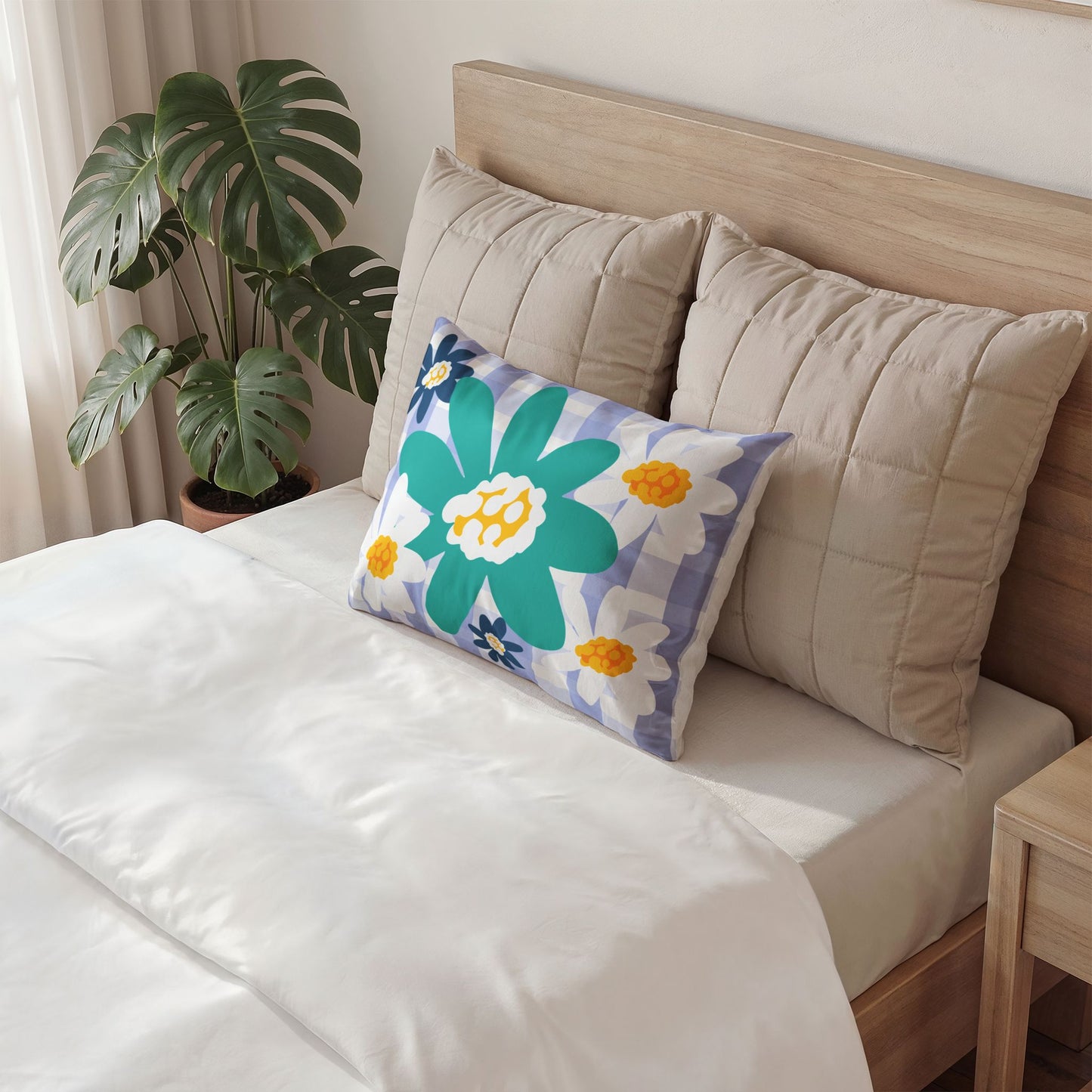 Floral Gingham Cotton Pillow Sham — Blue & Teal Spring Decorative Pillowcase