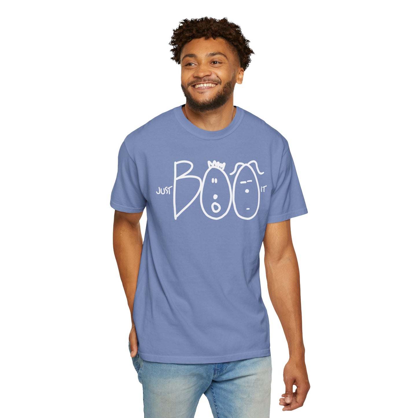 JUST BOO IT....Spooky Unisex Garment-Dyed T-shirt, Halloween Tee, Trendy Graphic Tee, Funny Costume Top, Holiday Apparel, Party Wear