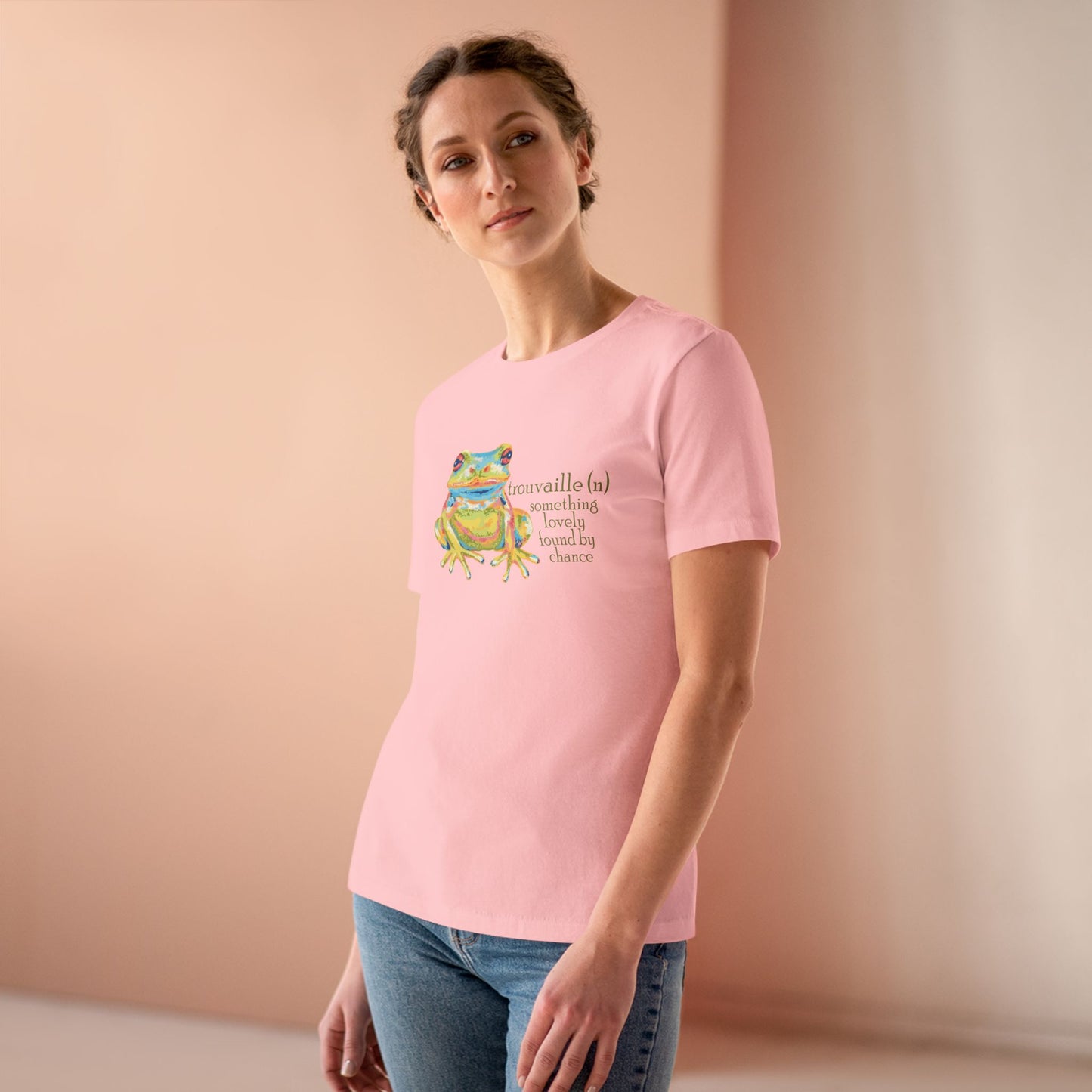"Trouvaille" Something Lovely Found by Chance French Frog Tee — Women's Cotton T‑Shirt with Colorful Frog Art