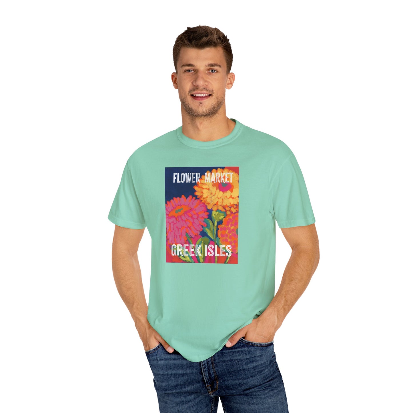 Vibrant Floral Market Tee, Flower Market T-Shirt, Greek Isles Apparel, Gift for Garden Lovers, Summer Wardrobe Essential