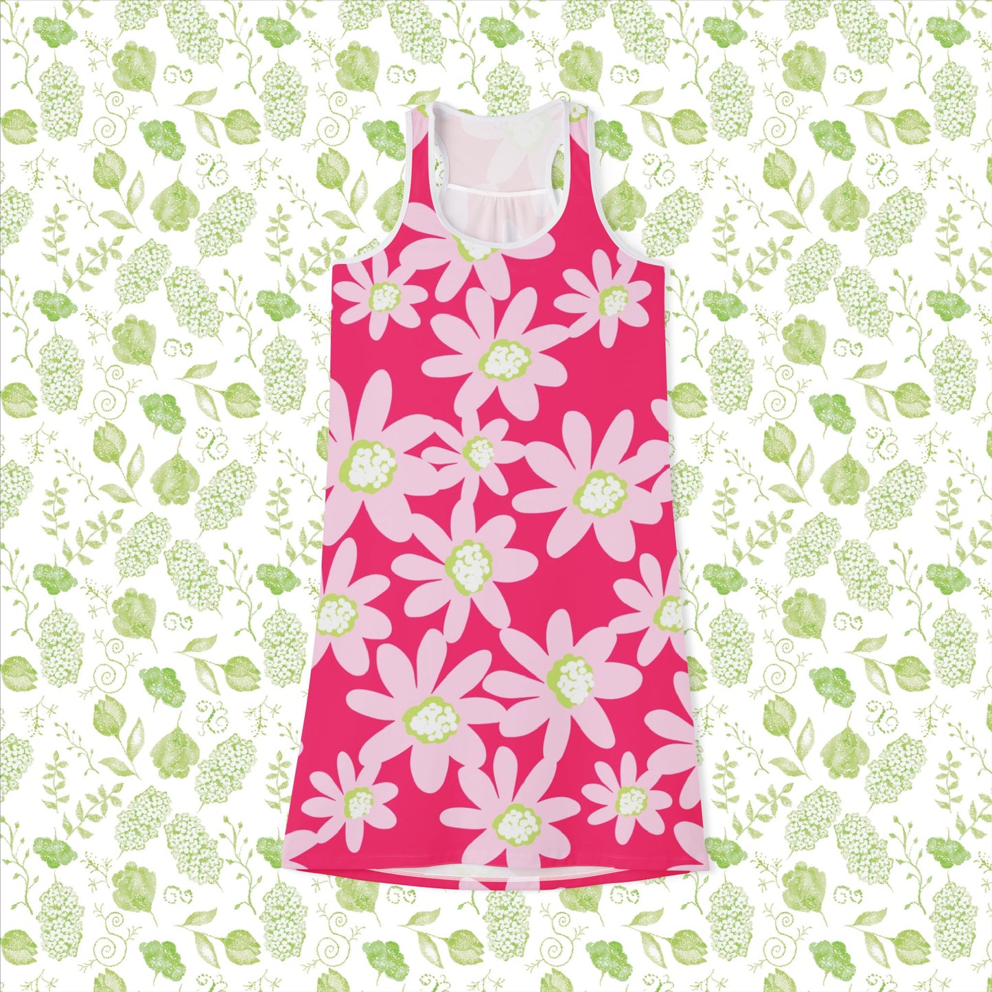 Pink Daisy Floral Summer Racerback Dress, Women’s Beach Dress, Vacation Outfit, Casual Dress, Mother's Day Gift, Summer Dress