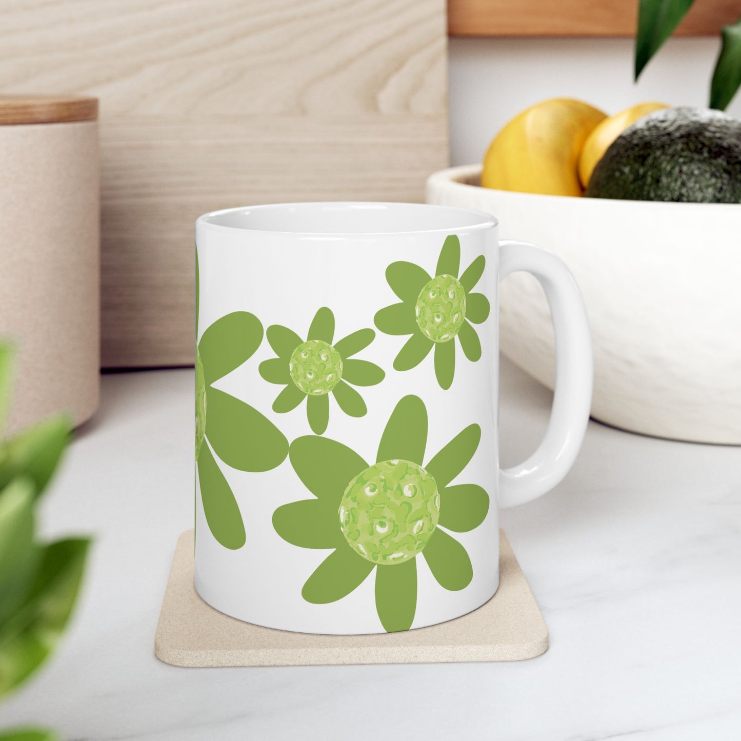 Green Pickleball Daisy Floral Ceramic Mug - Perfect Gift for Garden Lovers, Tea or Coffee Lovers, Mother's Day, Birthdays, Home Decor, Eco-Friendly
