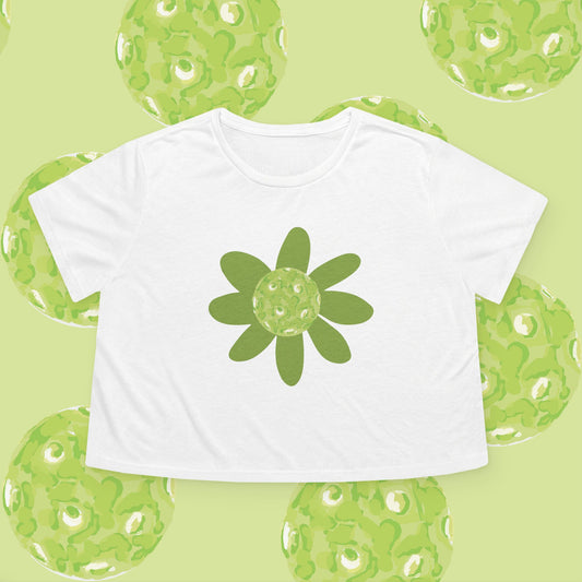 Green Pickleball Floral Women's Flowy Cropped Tee, Casual Summer Top, Cute Flower Shirt, Trendy Graphic Tee, Gift for Her, Spring Fashion
