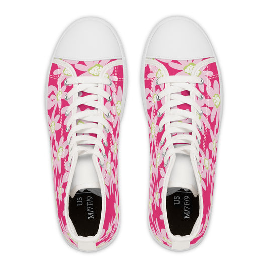 Bright Pink Daisy Floral Women’s High Top Sneakers | Trendy Spring Footwear, Casual Shoes, Unique Gifts, Summer Vibes, Festival Style