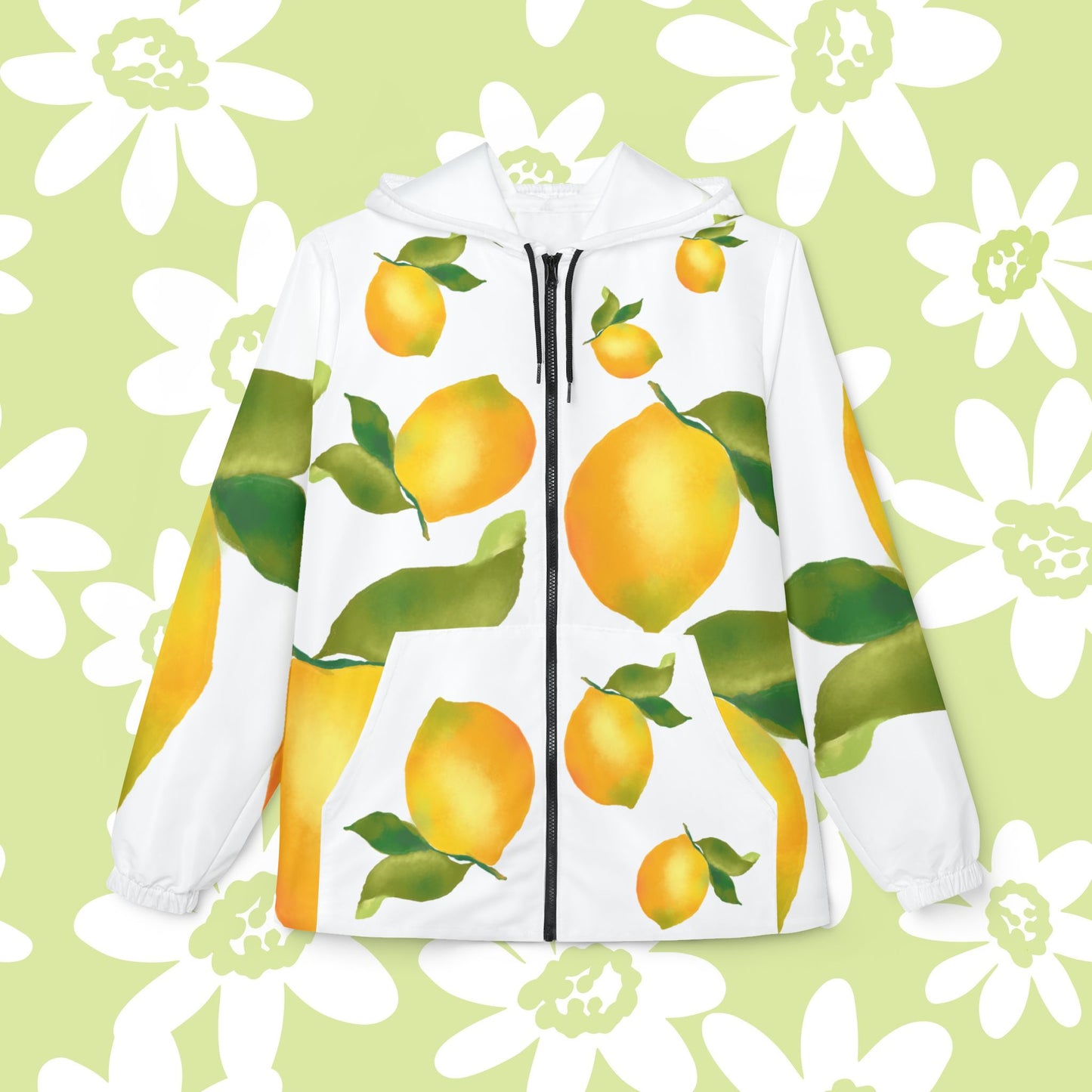 Citrus Lemon Print Windbreaker Jacket - Fresh Lemon Rain Coat, Spring Fashion, Outdoor Jacket, Gift for Her, Casual Jacket