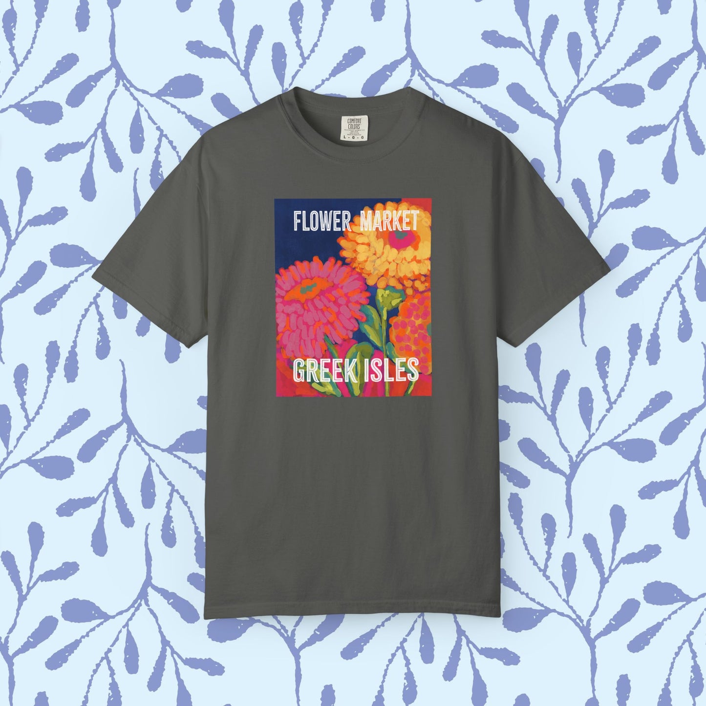 Vibrant Floral Market Tee, Flower Market T-Shirt, Greek Isles Apparel, Gift for Garden Lovers, Summer Wardrobe Essential