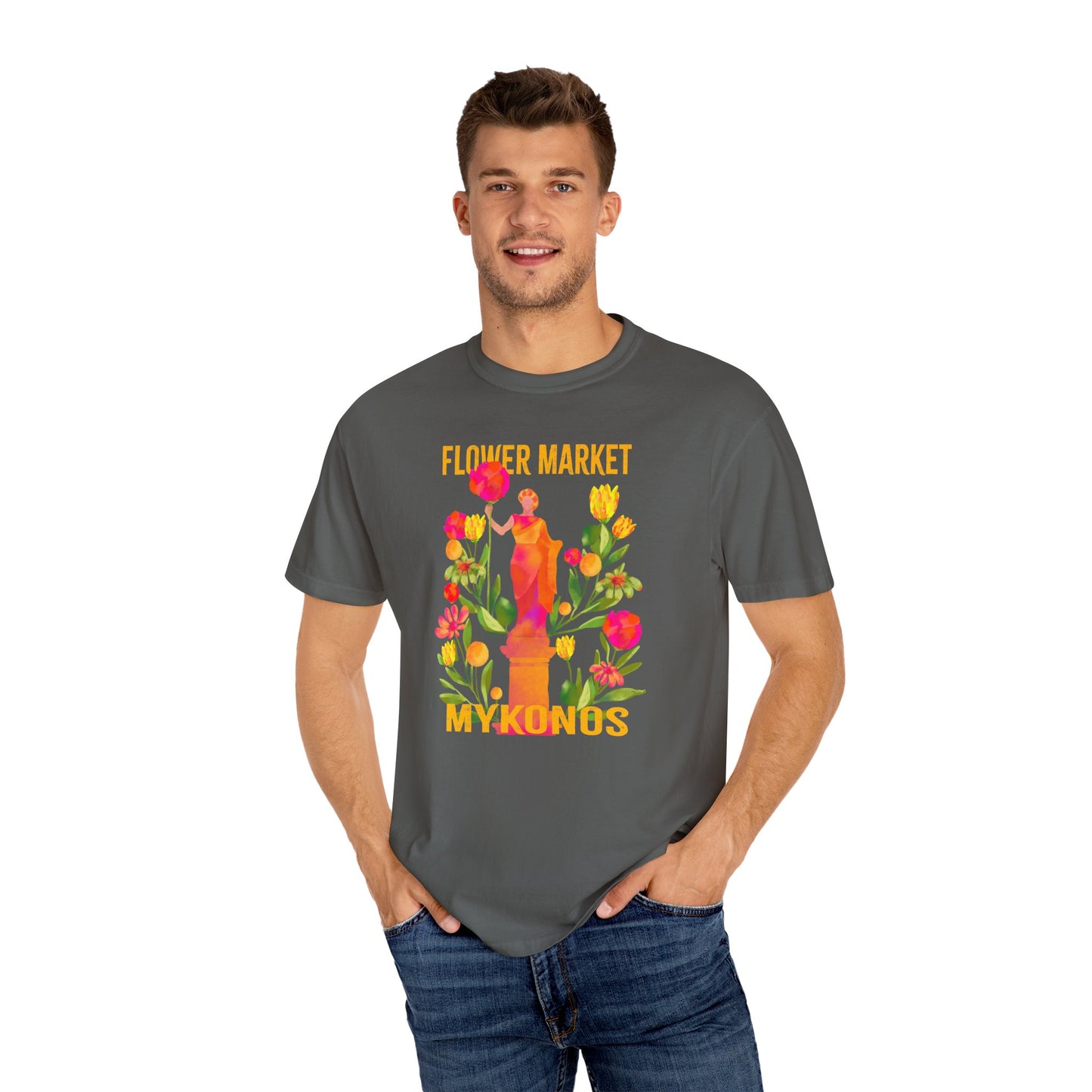 Greek Isle Mykonos Floral Market T-Shirt | Summer Vibes, Eco-Friendly Apparel, Casual Wear, Gift for Her, Bohemian Style