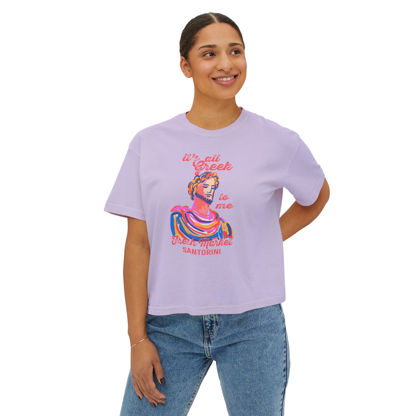 Women's Boxy Tee, Greek Market Santorini T-Shirt, Vacation Souvenir Tee, Cute Casual Top, Fun Graphic Tee, Gift for Travelers