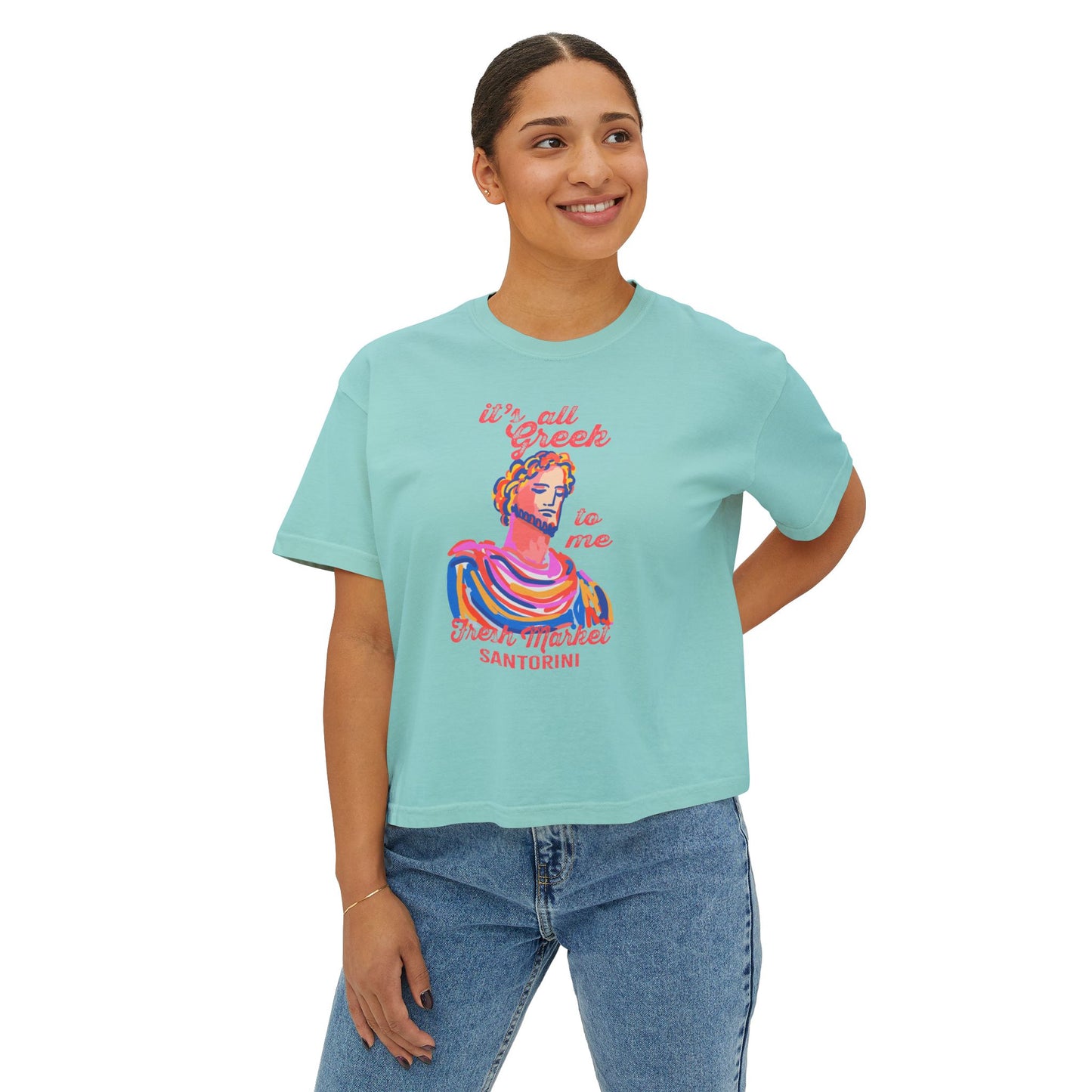 Women's Boxy Tee, Greek Market Santorini T-Shirt, Vacation Souvenir Tee, Cute Casual Top, Fun Graphic Tee, Gift for Travelers