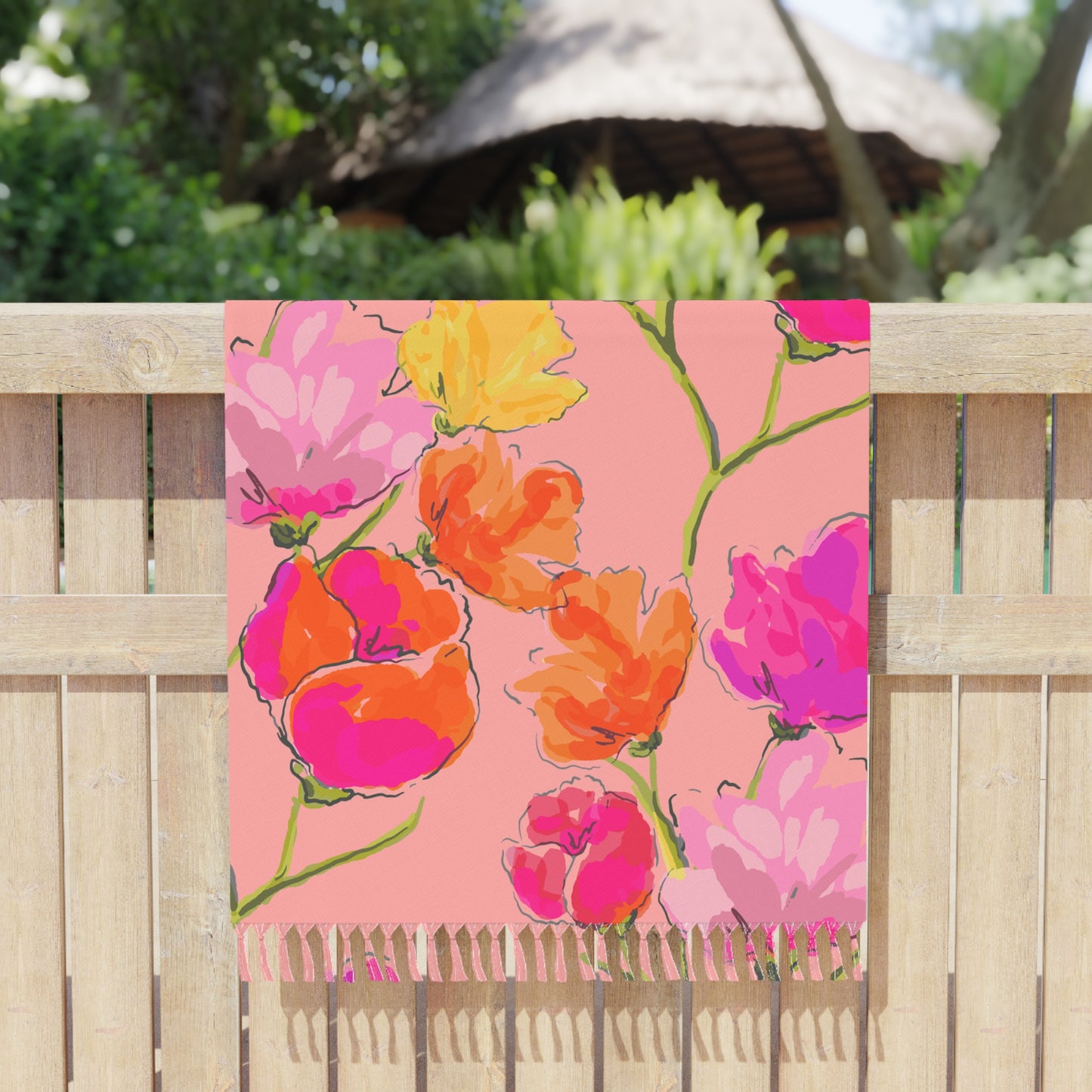 Boho Floral Beach Towel — Pink Watercolor Tulip Floral Fringe Towel