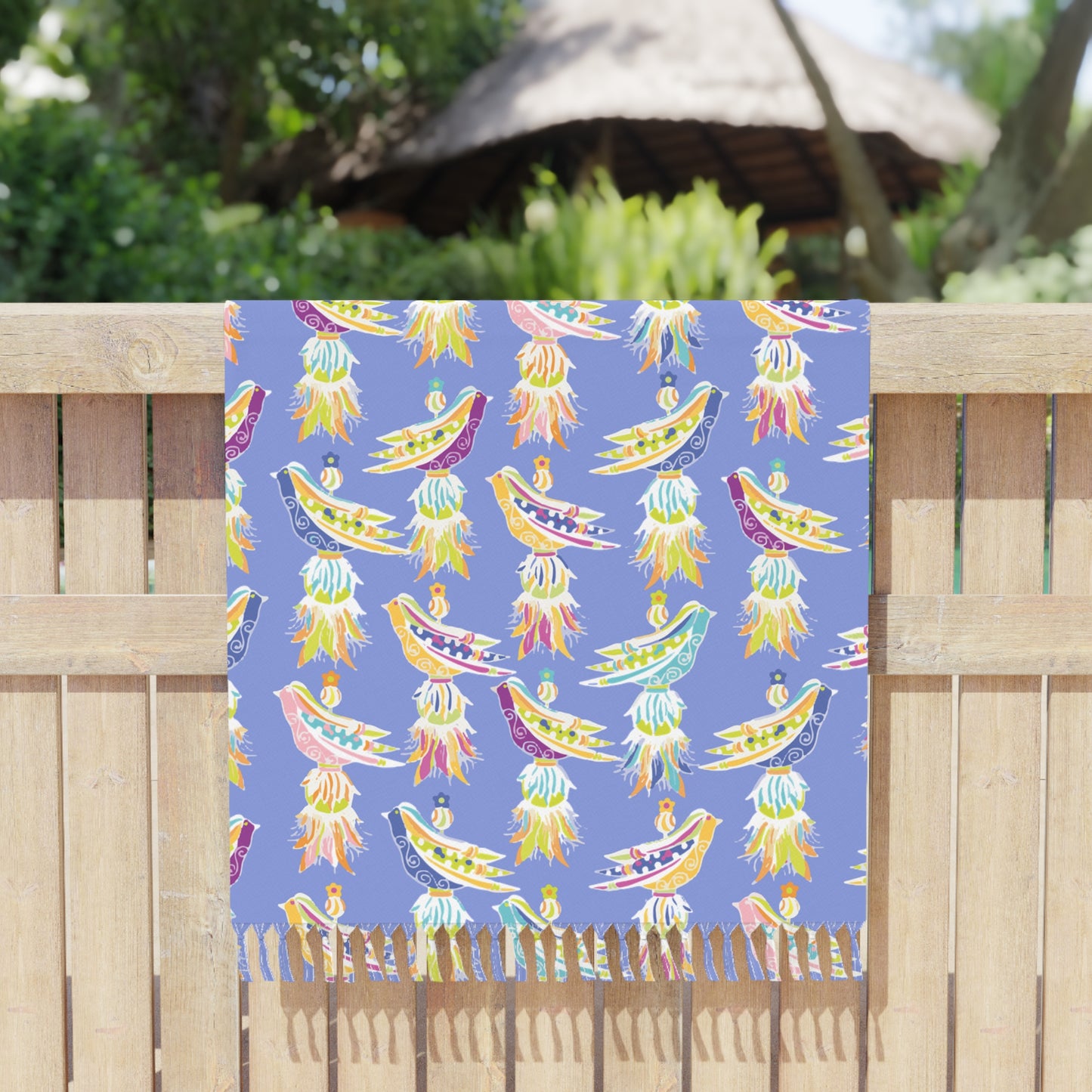Boho Surf Beach Towel — Pastel Periwinkle with Tassels & Bird Fringe