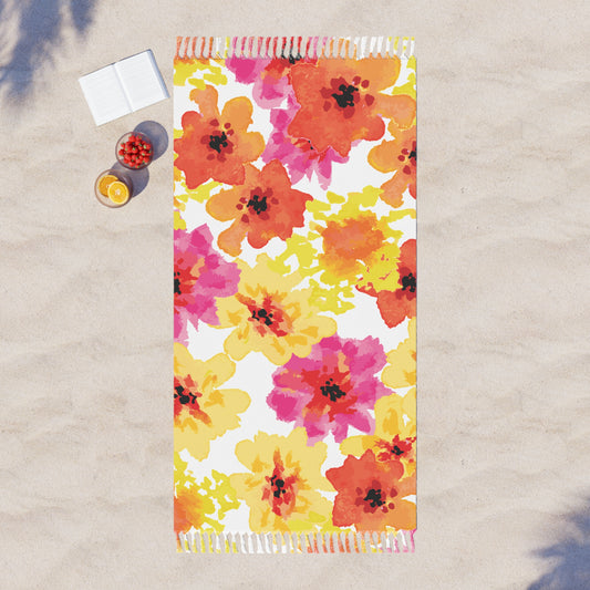 Boho Floral Beach Towel — Watercolor Pink & Orange Floral Turkish Towel