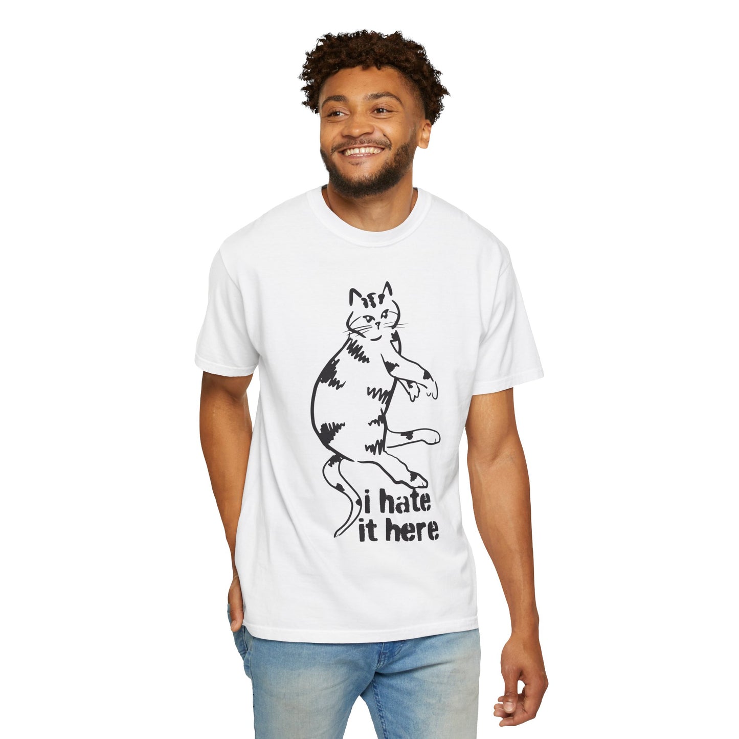 "I hate it here"...Funny Cat T-Shirt Showcasing Cat with Attitude, Halloween, Unisex Tee, Garment-Dyed Shirt, Quirky Cat Lover Gift, Casual Wear, Perfect for Cat Owners