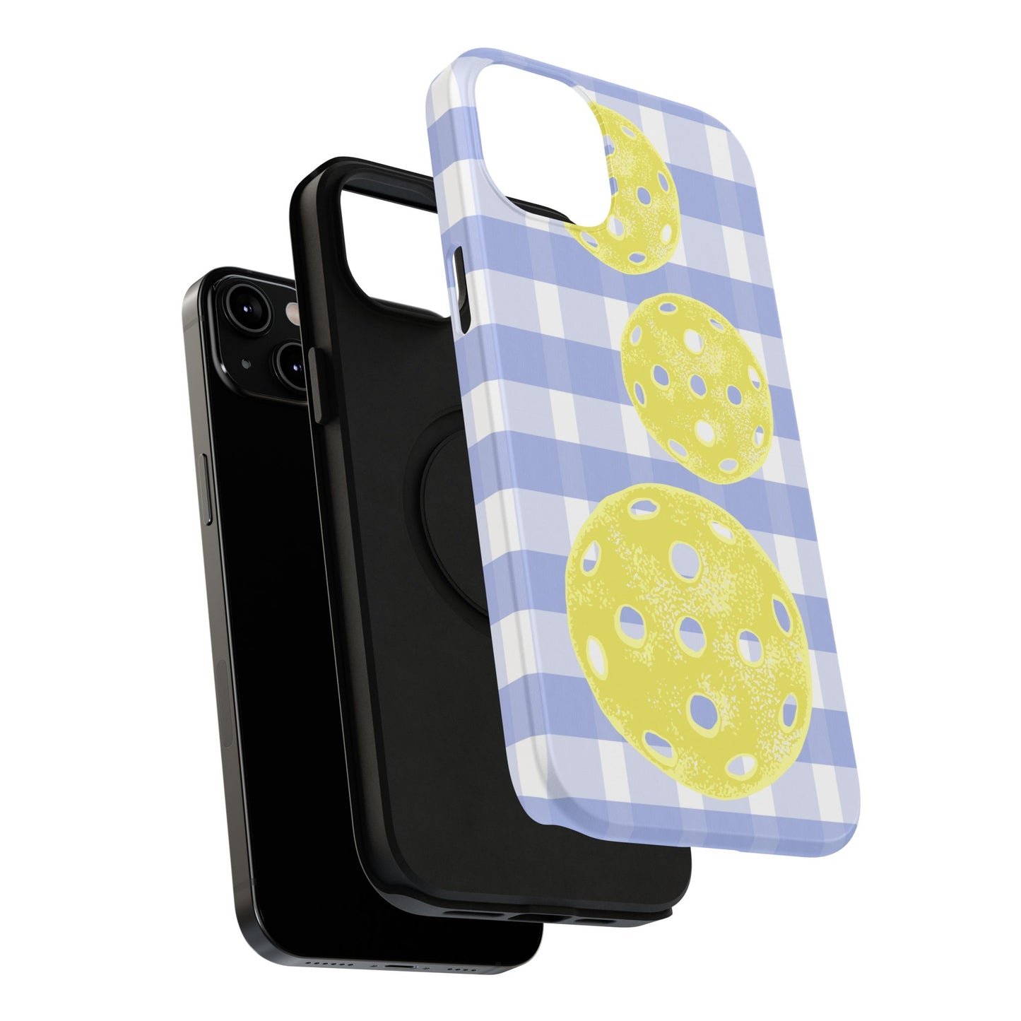 Pickleball Pattern Phone Case — Yellow Pickleball on Blue Gingham Impact Case
