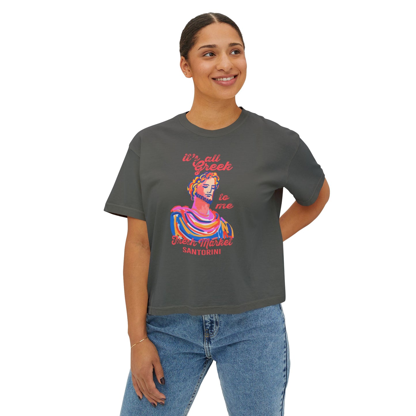 Women's Boxy Tee, Greek Market Santorini T-Shirt, Vacation Souvenir Tee, Cute Casual Top, Fun Graphic Tee, Gift for Travelers